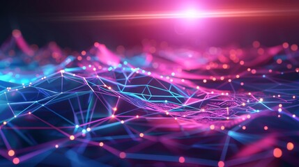 Digital connectivity concept with network of lines and dots. Vibrant pink and blue data stream visualization. Abstract network connections with futuristic flair.