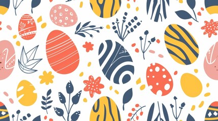 Easter celebration background with egg and botanical motifs for card, invitation, textile and poster. - obrazy, fototapety, plakaty