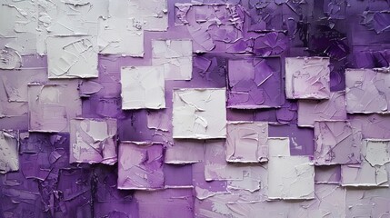 Abstract purple and white textured painting with 3D squares. Modern art piece with purple hues and textured layers. Three-dimensional white and purple canvas in contemporary art style