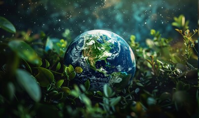 Obraz na płótnie Canvas Planet earth surrounded by greenery on neutral background. Lifestyle. Eco concept. For banner, poster, for: design, print, card (greeting card), banner, poster