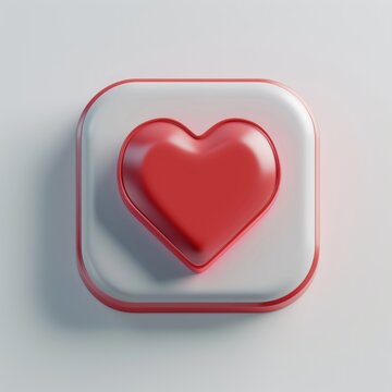 Social media like notification icon with heart symbol. Reflective red heart in white frame for romantic expressions.