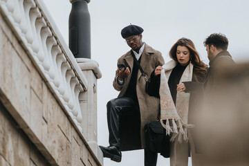 Business friends gather on a building ledge in the city, engaged in conversation with a sense of camaraderie and urban style.