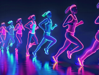 Women running race advertising campaign, neon glowing 