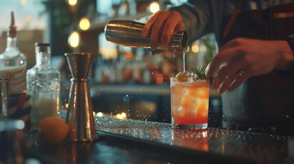 A skilled bartender is crafting a refreshing cocktail in a vibrant, cozy bar atmosphere, with dim lighting and bar tools around. - obrazy, fototapety, plakaty