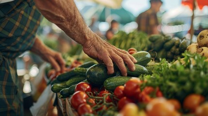 Close-up of an elderly man's hands as he carefully chooses fresh zucchinis among a variety of vibrant vegetables at a bustling farmers market.