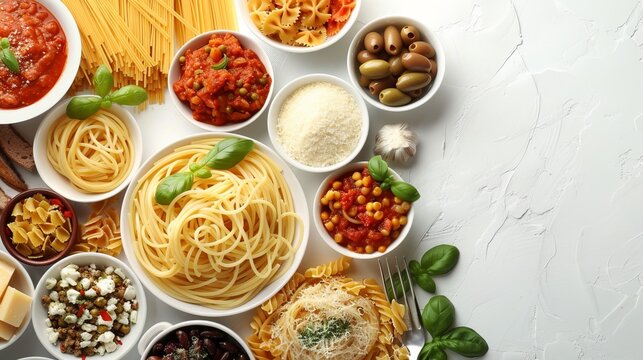 Assorted spaghetti dishes on white background with various pasta shapes and sauces, ready for text.