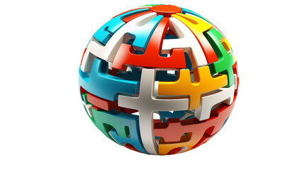 A colorful puzzle ball resting on a white background, showcasing its intricate design and vibrant hues