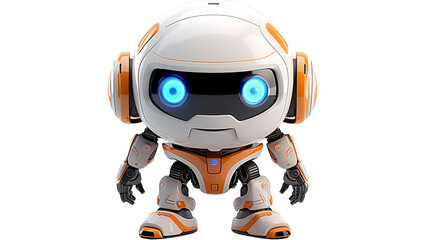 A robot with glowing blue eyes stands confidently against a stark white background
