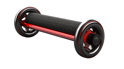 A sleek hovercraft in striking red and black colors hovers above a clean white surface