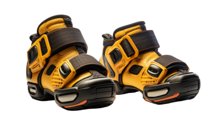 A pair of vivid yellow and black shoes stand out against a crisp white background