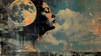 A mesmerizing painting of a womans face gazing at the moon in the background, capturing a moment of...