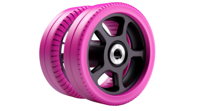 A pink wheel with black spokes gracefully spins on a stark white background