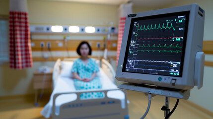 Life support system, patient data monitor on hospital background, patient in intensive care ward