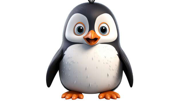 A penguin with large eyes and a black head gazes curiously at its surroundings