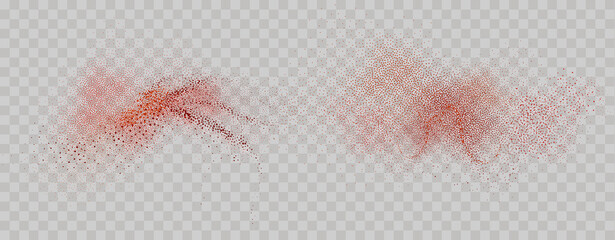 Grainy scatterings of  spicy burst . Splashes of  red pepper powder.Overlay effect chilli or paprika spice splatters. Vector realistic illustration of hot dried spice. - obrazy, fototapety, plakaty