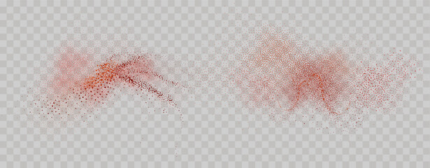 Grainy scatterings of  spicy burst . Splashes of  red pepper powder.Overlay effect chilli or paprika spice splatters. Vector realistic illustration of hot dried spice.