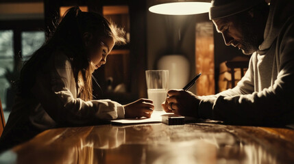 A father assists his young daughter with her homework in a warmly lit kitchen, highlighting a cozy and educational moment