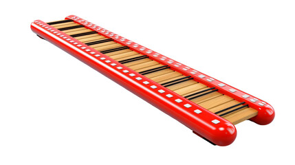 A vibrant red musical instrument stands out against a crisp white background
