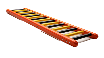 A vibrant red ladder with alternating yellow and black bars extends upwards, symbolizing progression and courage