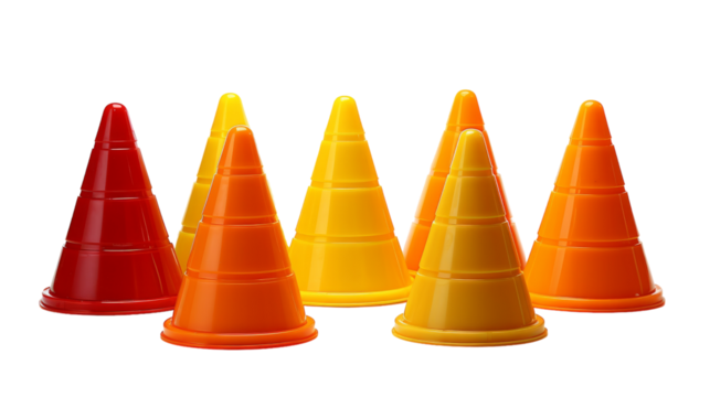A vibrant group of orange and yellow cones sit in close proximity, creating a bright and colorful display