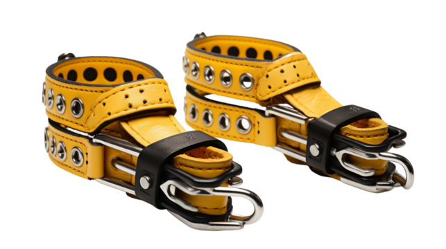 A pair of yellow leather cuffs with metal buckles, catching the light in a fashionable display