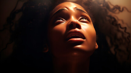 black woman pleading to the sky, afro woman concerned - obrazy, fototapety, plakaty