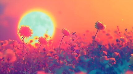 Obraz na płótnie Canvas Surreal Sunset Meadow with Vivid Colors