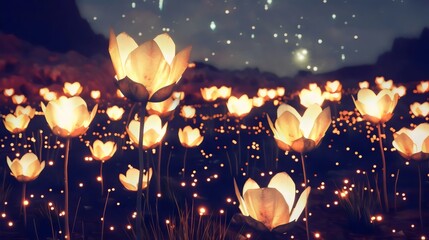 Illuminated Flower Field at Night - obrazy, fototapety, plakaty