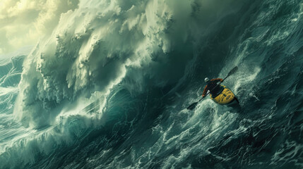 A kayaker in a yellow kayak confronts an enormous wave, skillfully maneuvering through the dark, churning sea