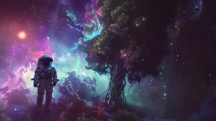 Astronaut Encountering a Cosmic Tree in a Nebula