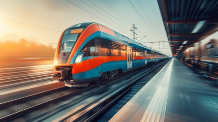 Naklejka premium Modern high speed express train on railway tracks at urban train station in the cityscape landscape.