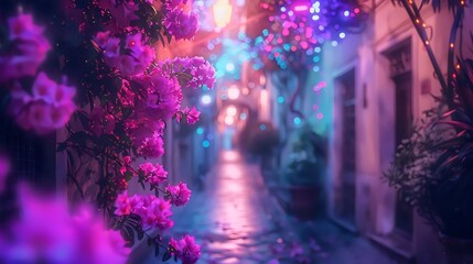 Enchanted Evening on a Flower-Lined Alleyway