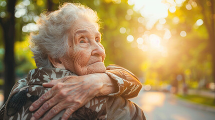 An elderly woman with a thoughtful expression is wrapped in a shawl while relaxing in a park at dusk, the setting sun casting a warm glow - Powered by Adobe