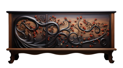 A wooden cabinet adorned with a mesmerizing painting