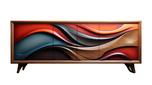 A wooden cabinet adorned with a mystical painting of a lush forest and magical creatures