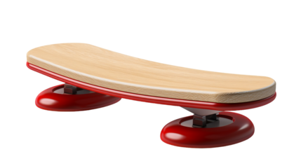 A vibrant red skateboard with a wooden board placed on top of it