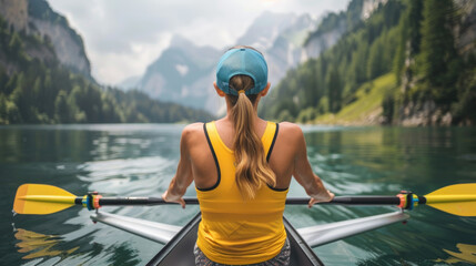 A woman wearing a yellow shirt is rowing a boat on the water