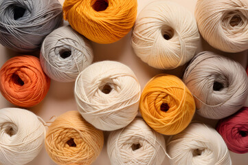 Balls of multicolored yarn on a white background. Close-up view from above. Handmade concept