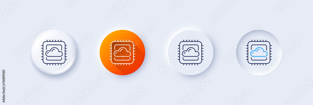 Poster cloud computing cpu line icon. neumorphic, orange gradient, 3d pin buttons. internet data storage si