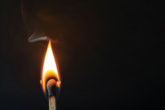 a burning wooden match on black background