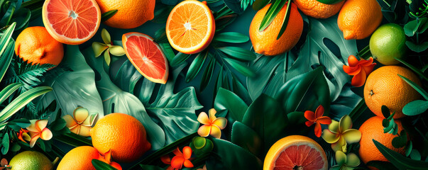 A painting featuring ripe and colorful oranges, lemons, and other fruits set against a vibrant green background, showcasing a bountiful harvest in a bold and lively composition. Banner. Copy space