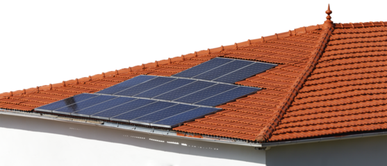 Solar panel on the roof of a house. The roof of a house has solar panels installed. The roof of a house is equipped with solar panels. PNG cutout