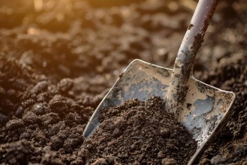 Closeup of shovel with soil field bokeh - obrazy, fototapety, plakaty