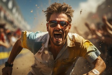 Fototapeta premium Exhilarated man yelling with excitement in a dust cloud