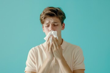 teenage man with paper napkins sneezes isolated on color background - obrazy, fototapety, plakaty