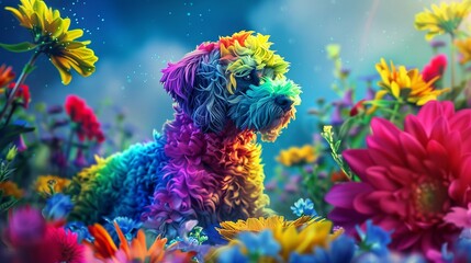 Fototapeta na wymiar desktop background inspired of a dog made out from rainbow pattern with surrounded colours flowers