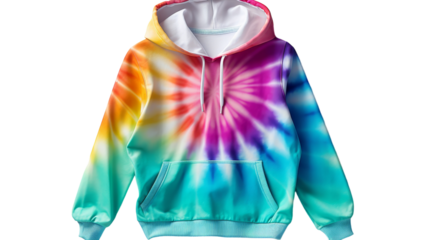 A colorful tie-dyed hoodie with a mesmerizing blend of swirling patterns