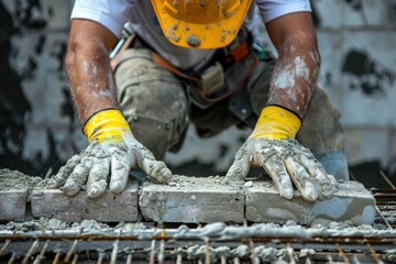 Construction worker man, working as a bricklayer, protective hard hat helmet and gloves