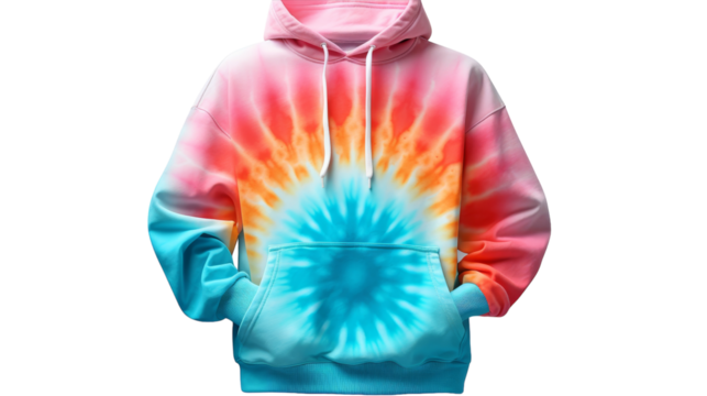 A colorful tie-dyed hoodie featuring shades of blue, orange, and pink tied in an intricate pattern