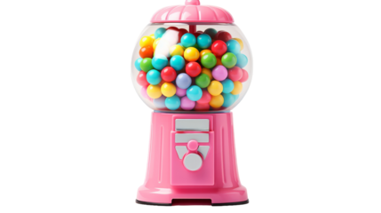 A pink gummy machine overflowing with an assortment of colorful candies